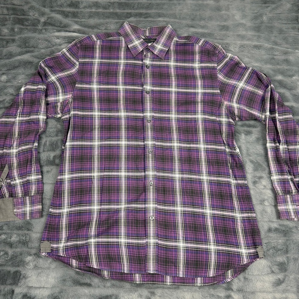 Banana Republic Mens Purple Plaid Flannel Button Down Shirt Large 100% Cotton